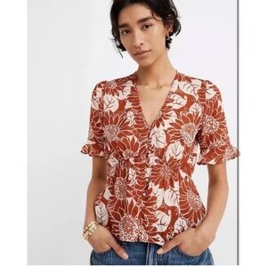 NWT Madewell 100% Silk Rust Orange Sunflower Button-Up Blouse size S